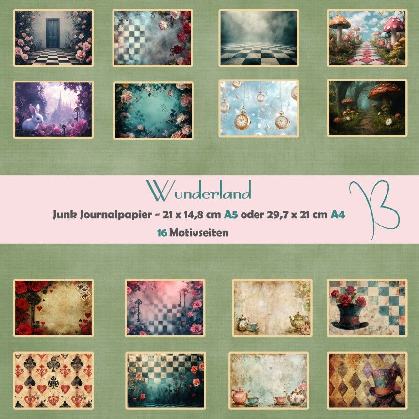 Wunderland - Alice - A4 oder A5 - Junk Journal Seiten - quer - 16 Seiten
