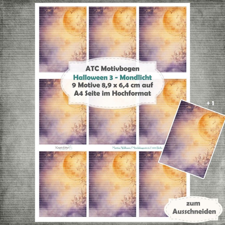 Halloween 3  - Mondlicht - ATC Motivbogen - A4 Hochformat - 1 Seite mit 9 Motiven