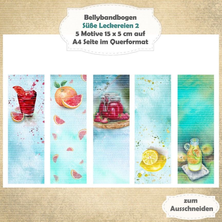Süße Leckereien 2 -  Bellybandbogen - Lesezeichen - A4 quer - 1 Seite mit 5 Motiven