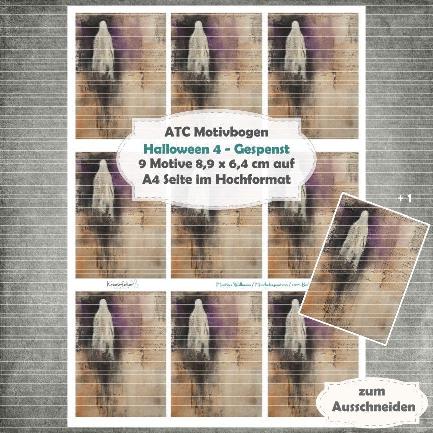 Halloween 4  - Gespenst - ATC Motivbogen - A4 Hochformat - 1 Seite mit 9 Motiven