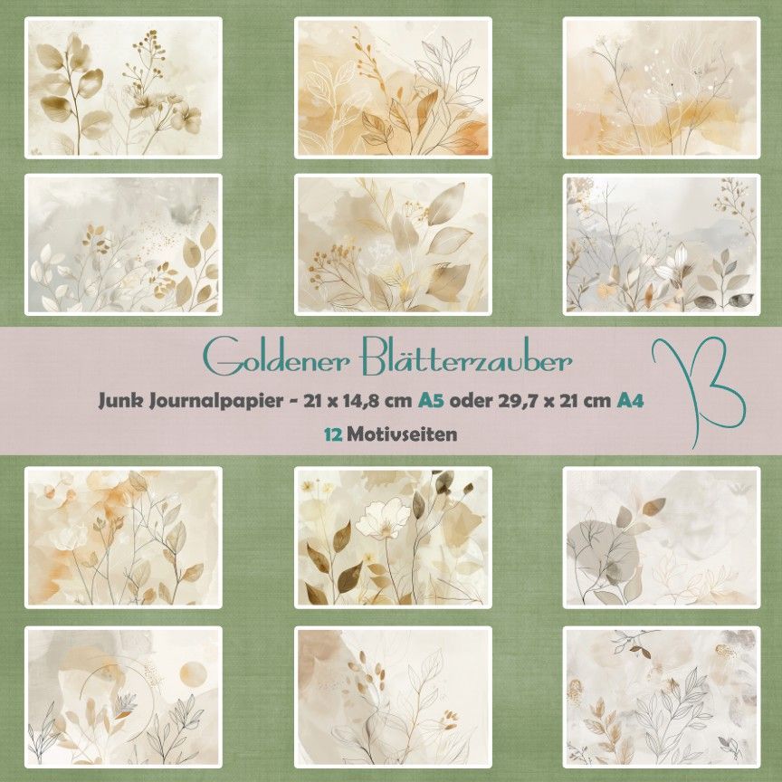 Goldener Blätterzauber - Junk Journal Seiten - A4 oder A5 quer - 12 Seiten