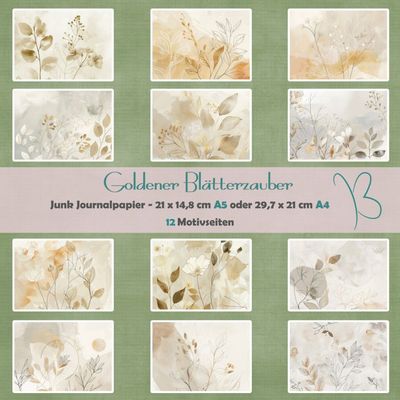Goldener Blätterzauber - Junk Journal Seiten - A4 oder A5 quer - 12 Seiten Goldener Blätterzauber - Junk Journal Seiten - A4 oder A5 quer - 12 Seiten