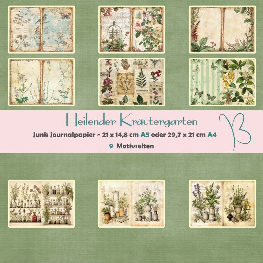 Heilender Kräutergarten - A4 oder A5 - Junk Journal Seiten - quer - 9 Seiten