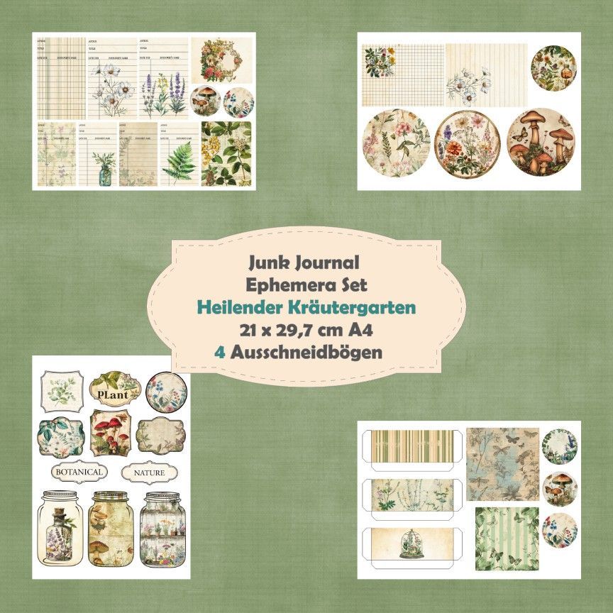Heilender Kräutergarten - Ephemera Set - Ausschneidebögen - Junk Journal - A4 -   Seiten