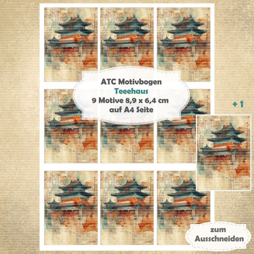 Teehaus - ATC Motivbogen - A4 Hochformat - 1 Seite mit 9 Motiven