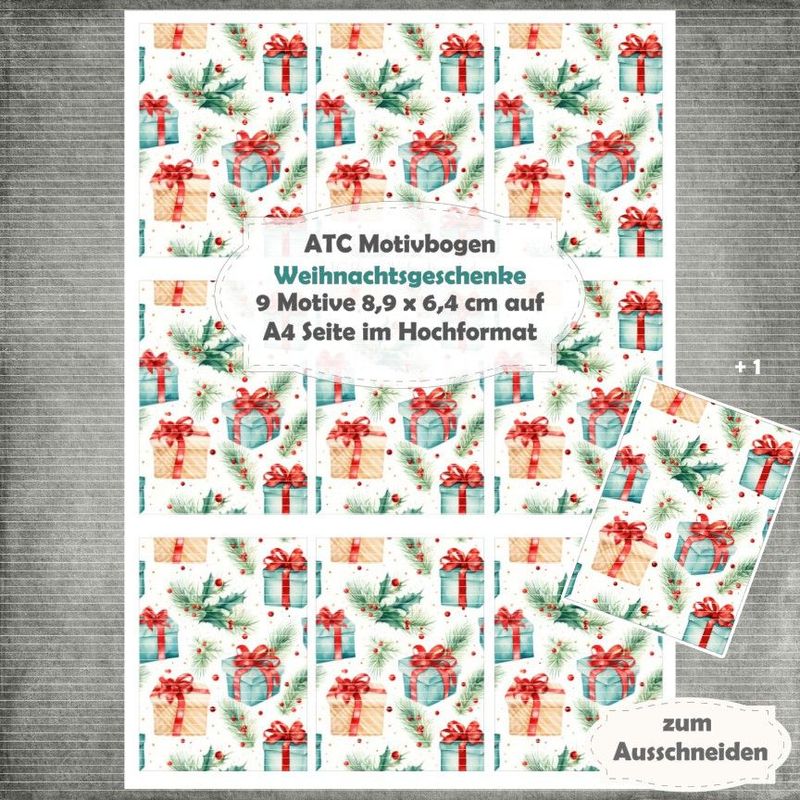 Weihnachtsgeschenke - ATC Motivbogen - A4 Hochformat - 1 Seite mit 9 Motiven Weihnachtsgeschenke - ATC Motivbogen - A4 Hochformat - 1 Seite mit 9 Motiven