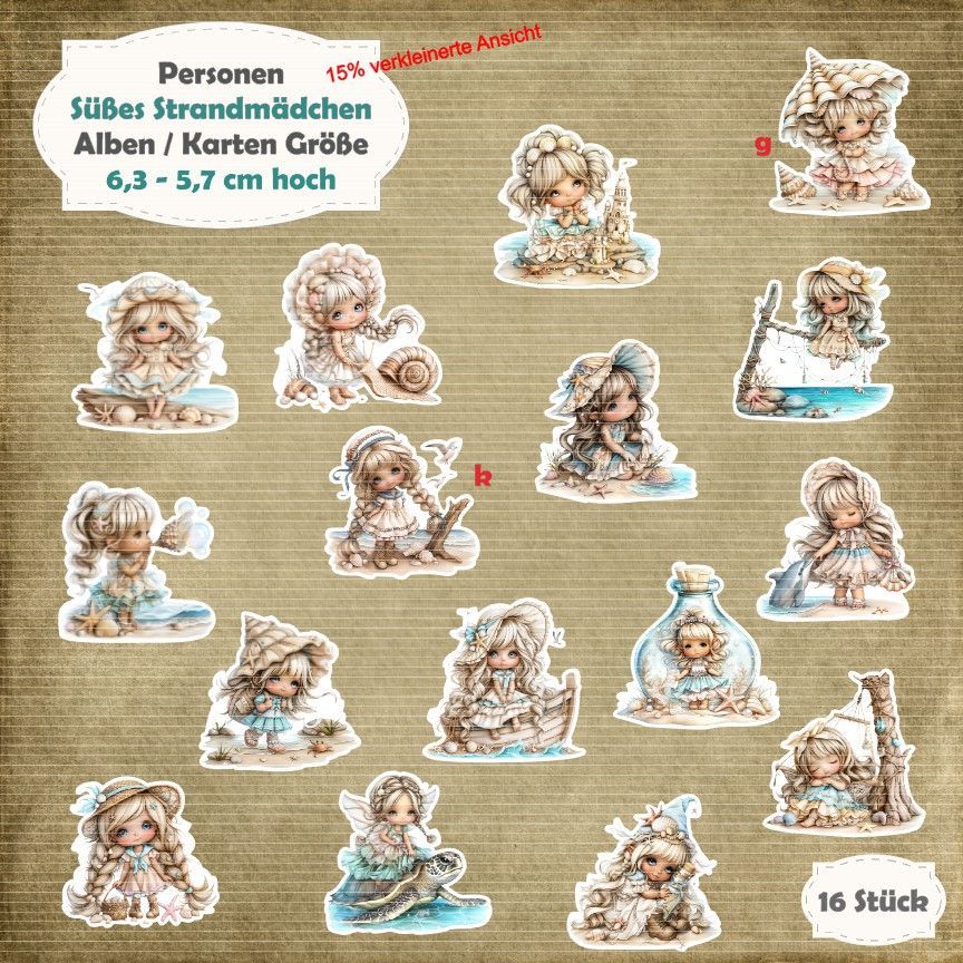 Süßes Strandmädchen - Alben / Karten /  ATC Größe - 16 Stanzteile - Die Cut