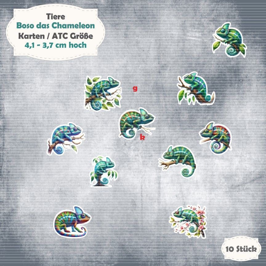 Boso das Chameleon - Karten / ATC Größe - 10 Stanzteile - Die Cut