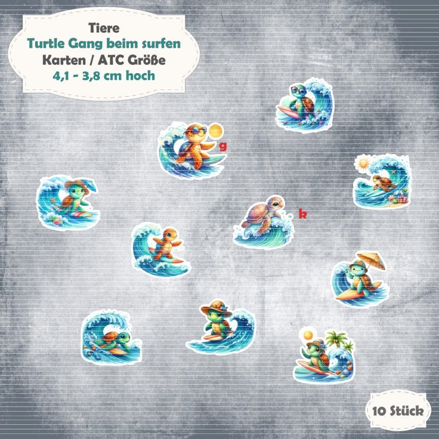 Turtle Gang beim surfen - Karten / ATC Größe - 10 Stanzteile - Die Cut