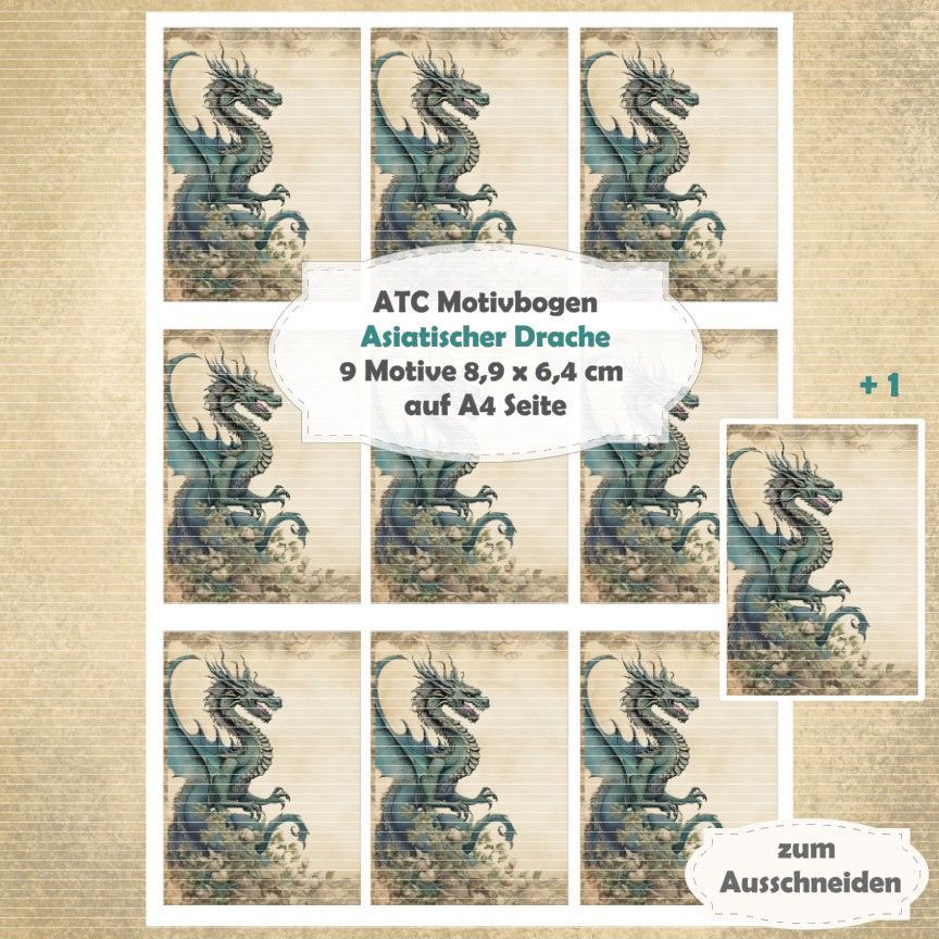 Asiatischer Drache - ATC Motivbogen - A4 Hochformat - 1 Seite mit 9 Motiven