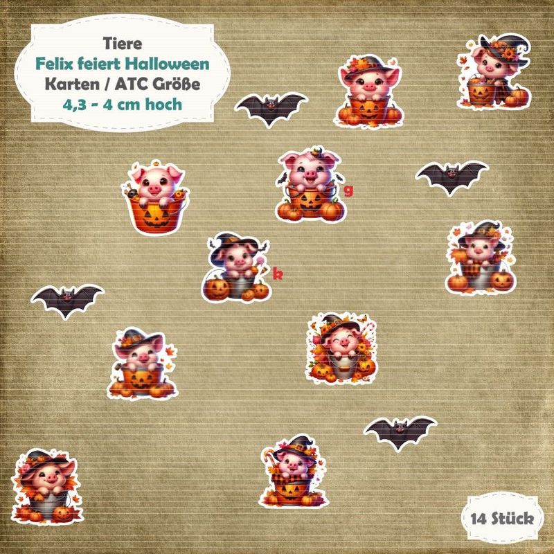 Felix feiert Halloween-Schweinchen - Karten / ATC Größe - 14 Stanzteile - Die Cut