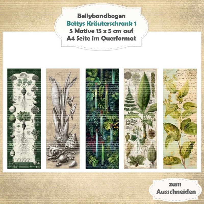 Bettys Kräuterschrank 1 - Bellybandbogen - Lesezeichen - A4 quer - 1 Seite mit 5 Motiven Bettys Kräuterschrank 1 - Bellybandbogen - Lesezeichen - A4 quer - 1 Seite mit 5 Motiven