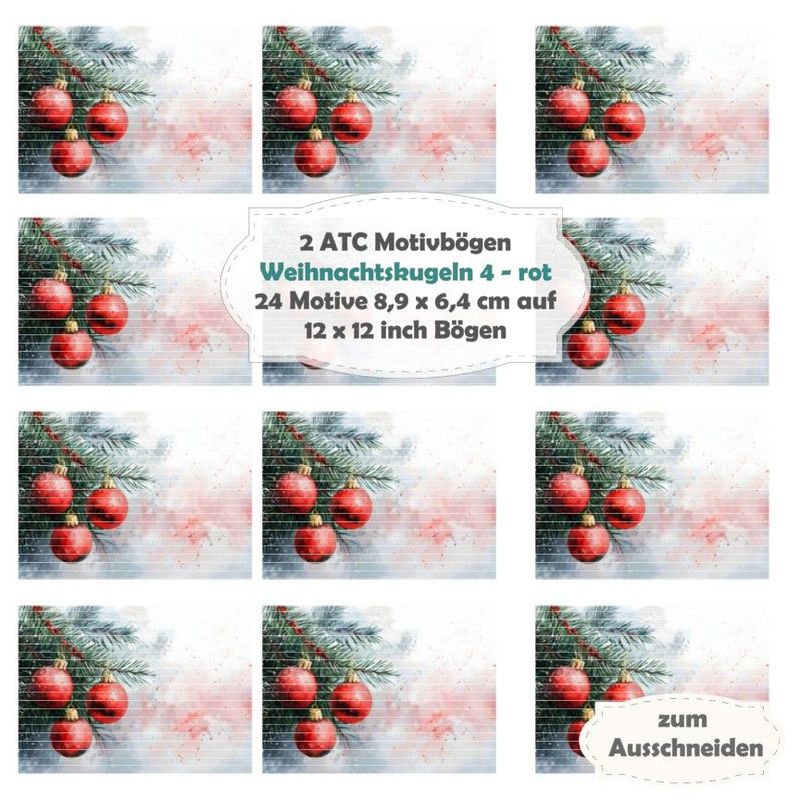 Weihnachtskugeln 4 - rot - 2 ATC Motivbögen - 12x12 Inch - 1 Seite mit 12 Motiven Weihnachtskugeln 4 - rot - 2 ATC Motivbögen - 12x12 Inch - 1 Seite mit 12 Motiven