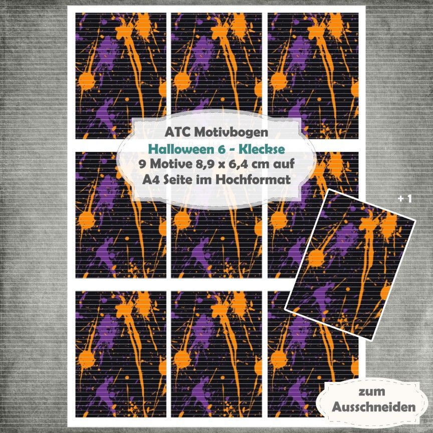 Halloween 6  - Kleckse - ATC Motivbogen - A4 Hochformat - 1 Seite mit 9 Motiven