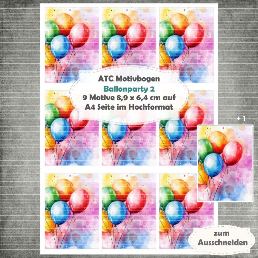 Ballonparty 2 - ATC Motivbogen - A4 Hochformat - 1 Seite mit 9 Motiven