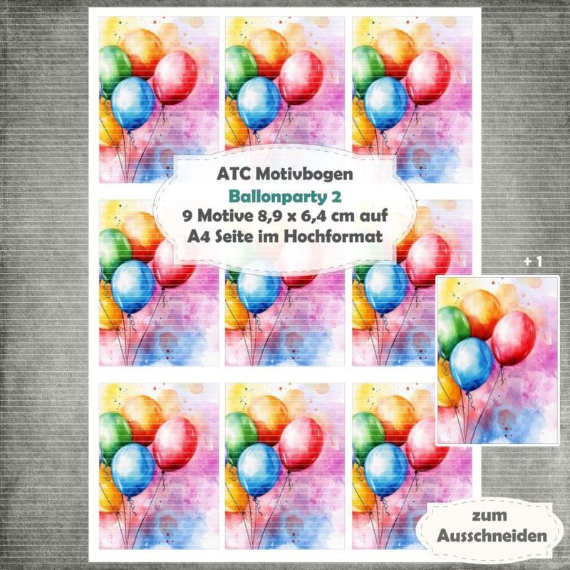 Ballonparty 2 - ATC Motivbogen - A4 Hochformat - 1 Seite mit 9 Motiven Ballonparty 2 - ATC Motivbogen - A4 Hochformat - 1 Seite mit 9 Motiven