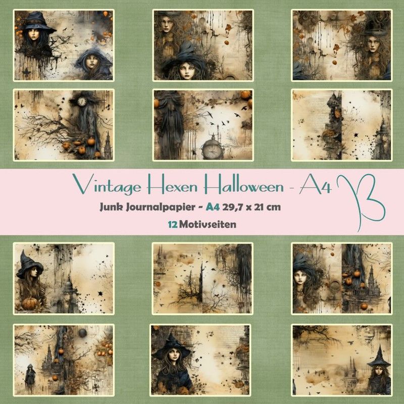 Vintage Hexen Halloween - A4 - Junk Journal Seiten - quer - 12 Seiten Vintage Hexen Halloween - A4 - Junk Journal Seiten - quer - 12 Seiten
