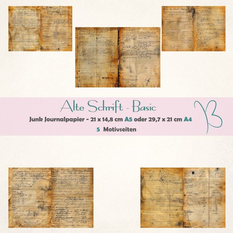 Alte Schriften - Basic - A4 oder A5 - Junk Journal Papier - quer - 5 Seiten Alte Schriften - Basic - A4 oder A5 - Junk Journal Papier - quer - 5 Seiten