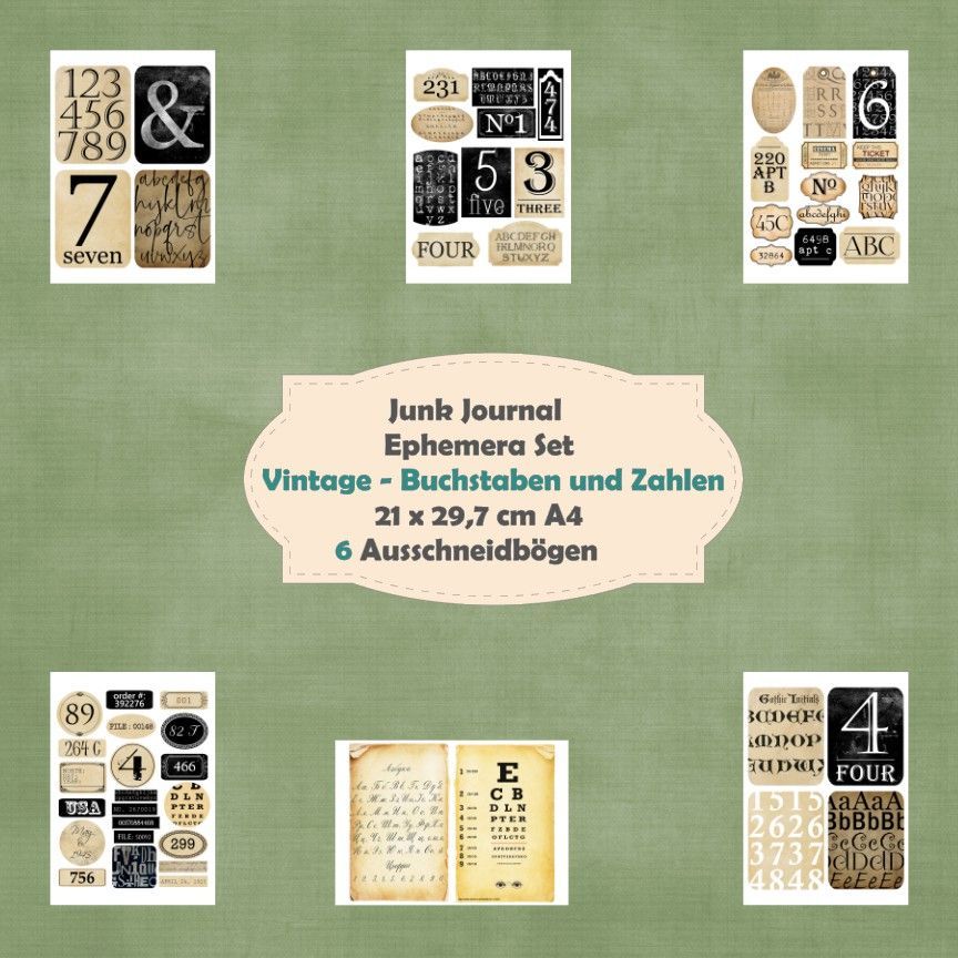 Vintage - Buchstaben und Zahlen - Ephemera - Ausschneidebögen - Junk Journal -  6 Seiten