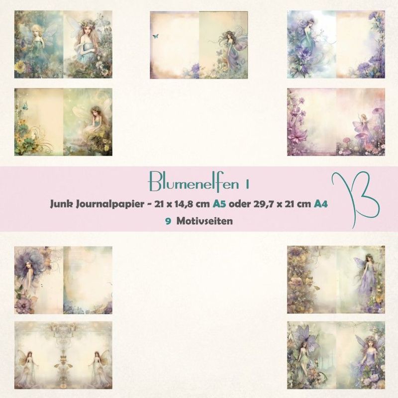 Blumenelfen 1 - A4 oder A5 - Junk Journal Seiten - quer - 9 Seiten Blumenelfen 1 - A4 oder A5 - Junk Journal Seiten - quer - 9 Seiten