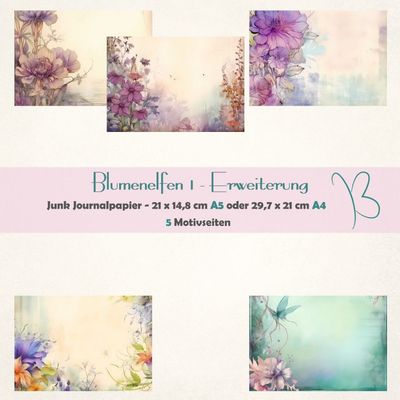 Blumenelfen 1 - Erweiterung - A4 oder A5 - Junk Journal Seiten - quer - 5 Seiten Blumenelfen 1 - Erweiterung - A4 oder A5 - Junk Journal Seiten - quer - 5 Seiten