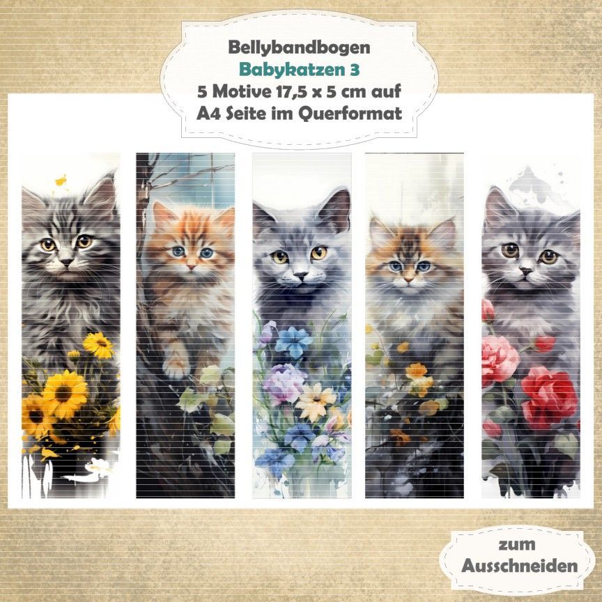 Babykatzen 3 -  Bellybandbogen - Lesezeichen - A4 quer - 1 Seite mit 5 Motiven