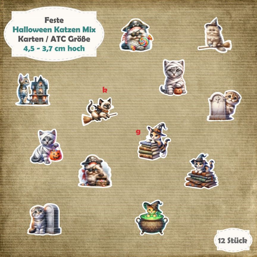 Halloween Katzen Mix - Karten / ATC Größe - 12 Stanzteile - Die Cut