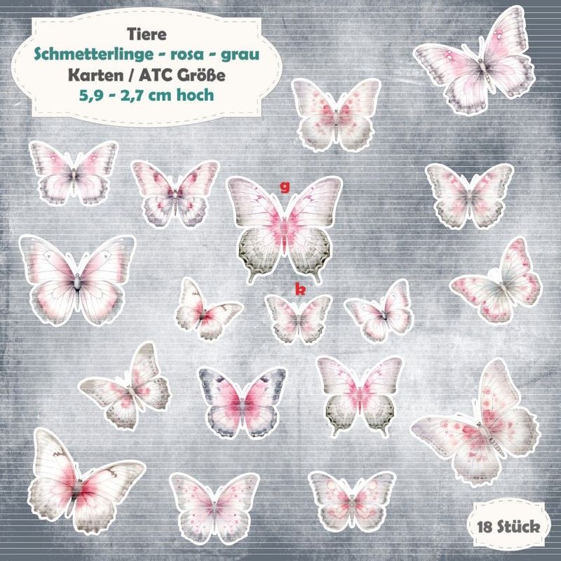Schmetterlinge - rosa - grau - Karten / ATC Größe - 18 Stanzteile - Die Cut Schmetterlinge - rosa - grau - Karten / ATC Größe - 18 Stanzteile - Die Cut
