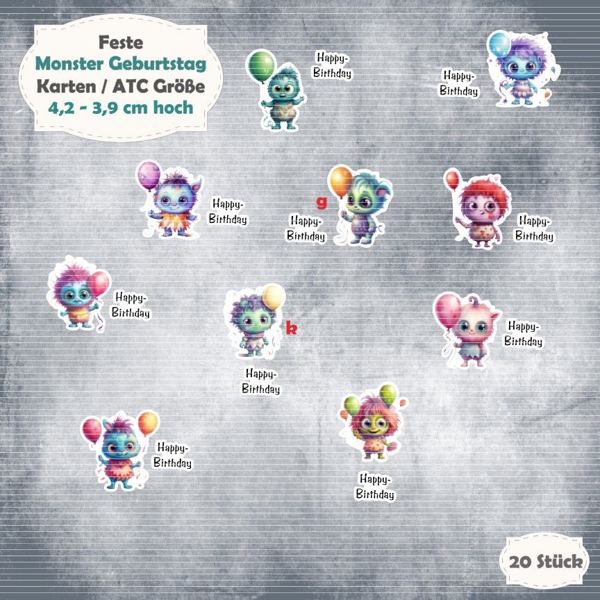 Monster Geburtstag - Karte / ATC Größe - 20 Teile - Die Cuts