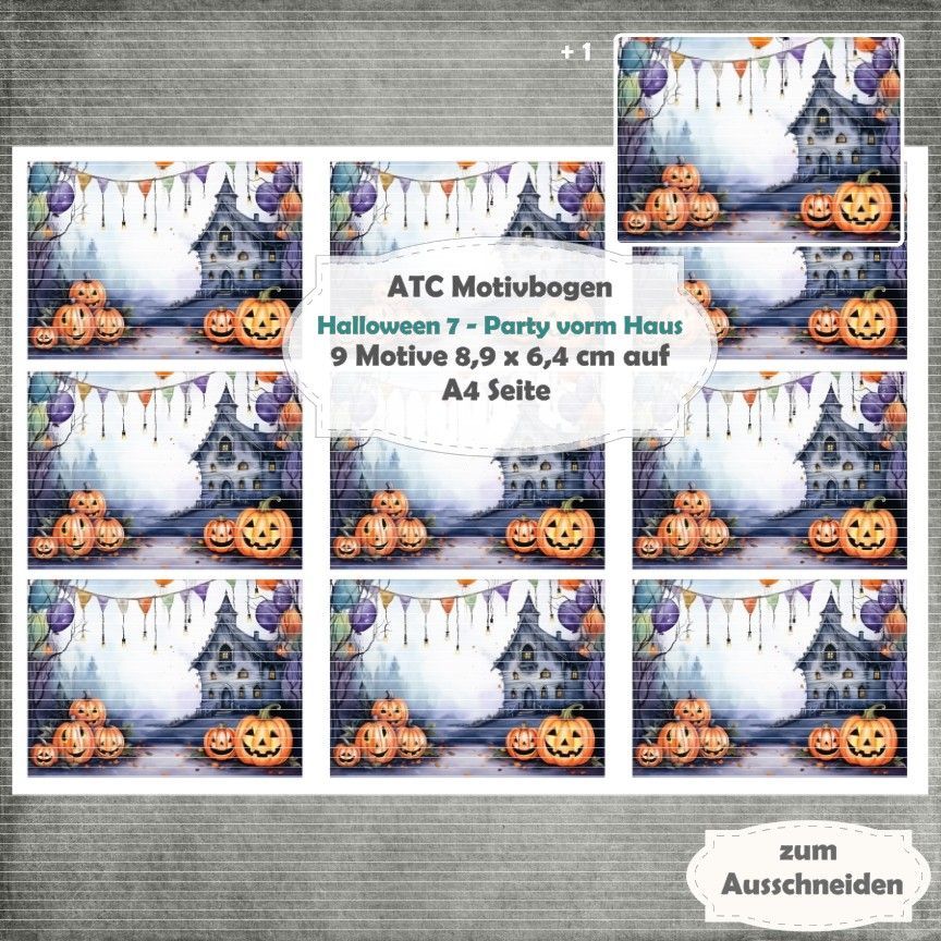Halloween 7  - Party vorm Haus - ATC Motivbogen - A4 Querformat - 1 Seite mit 9 Motiven