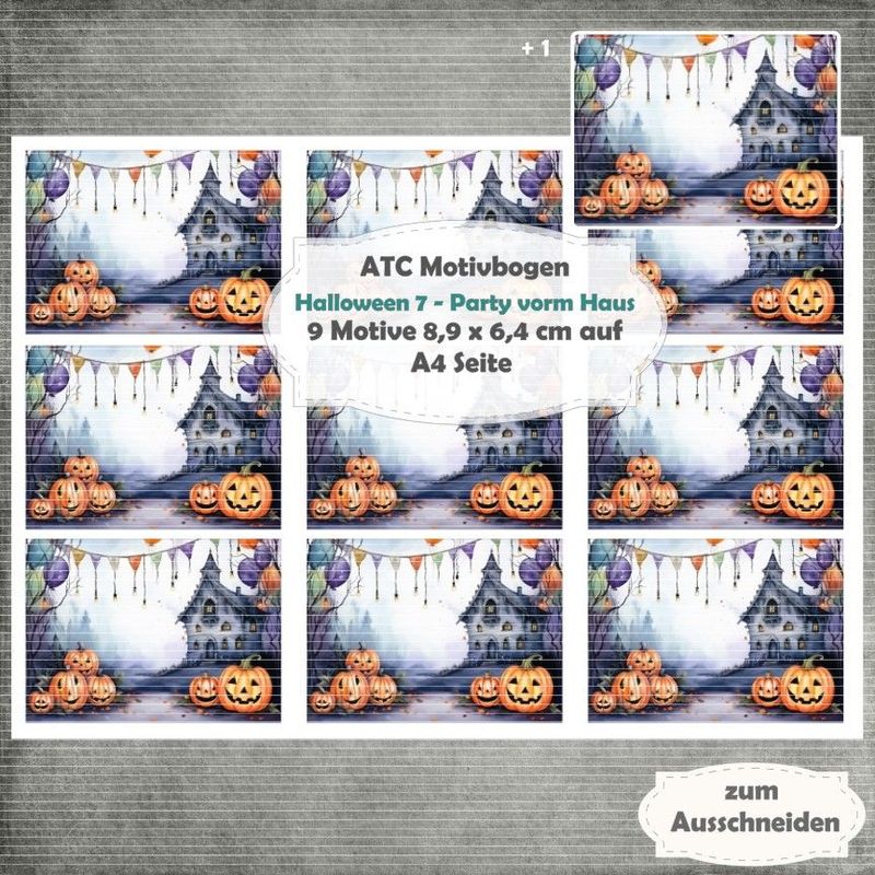 Halloween 7 - Party vorm Haus - ATC Motivbogen - A4 Querformat - 1 Seite mit 9 Motiven Halloween 7 - Party vorm Haus - ATC Motivbogen - A4 Querformat - 1 Seite mit 9 Motiven