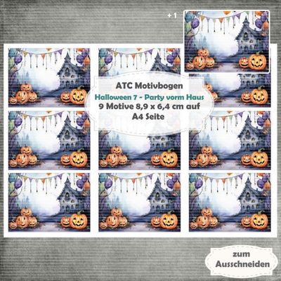 Halloween 7  - Party vorm Haus - ATC Motivbogen - A4 Querformat - 1 Seite mit 9 Motiven