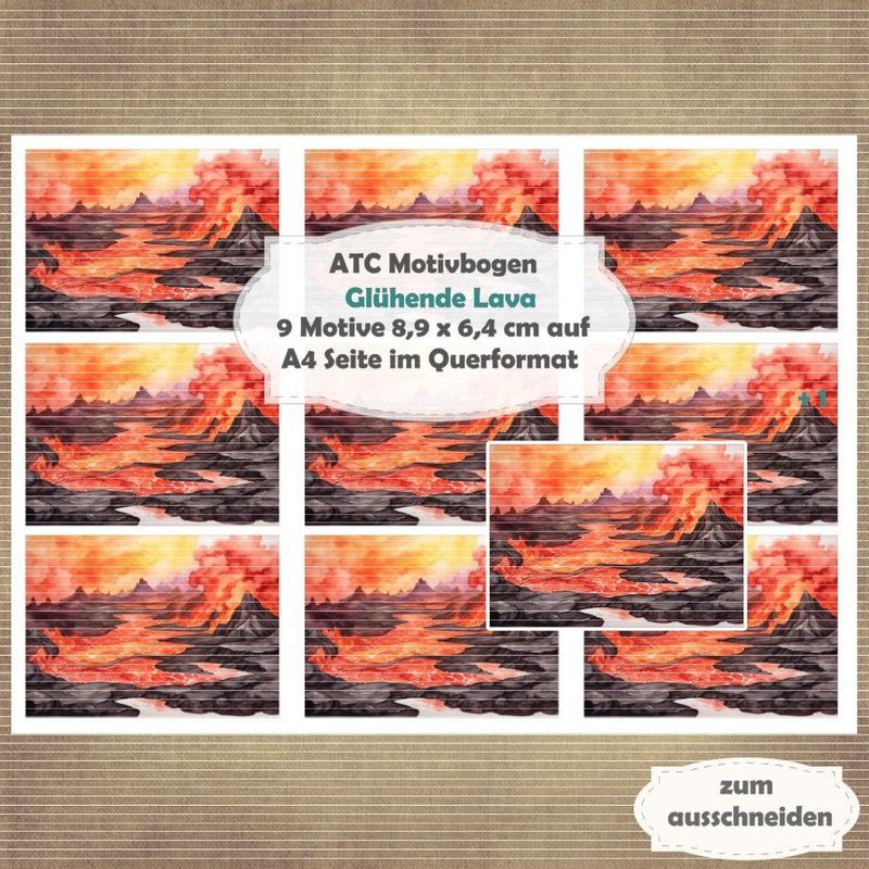 Glühende Lava - ATC Motivbogen - A4 Querformat - 1 Seite mit 9 Motiven Glühende Lava - ATC Motivbogen - A4 Querformat - 1 Seite mit 9 Motiven