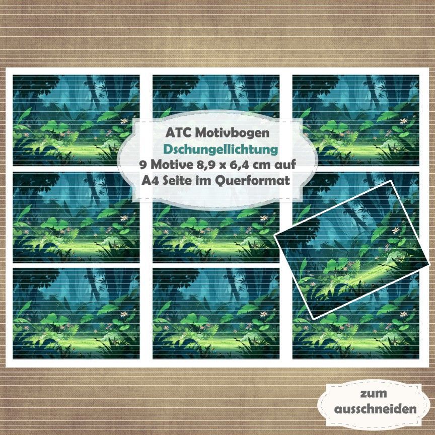 Dschungellichtung - ATC Motivbogen - A4 Querformat - 1 Seite mit 9 Motiven