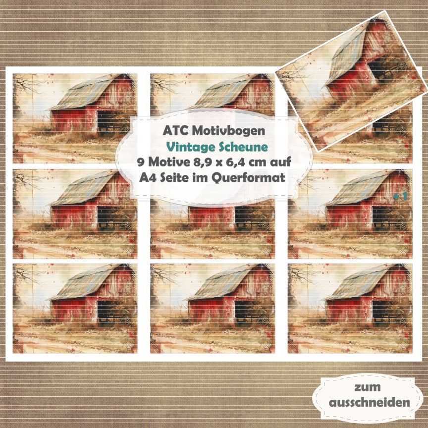 Vintage Scheune  - ATC Motivbogen - A4 Querformat - 1 Seite mit 9 Motiven