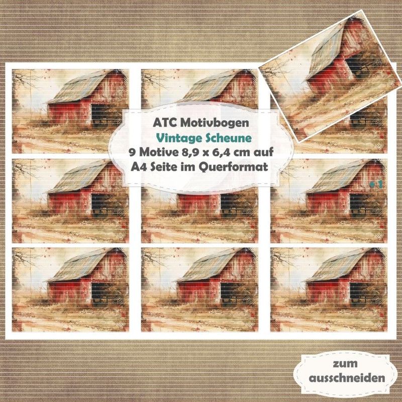 Vintage Scheune - ATC Motivbogen - A4 Querformat - 1 Seite mit 9 Motiven Vintage Scheune - ATC Motivbogen - A4 Querformat - 1 Seite mit 9 Motiven