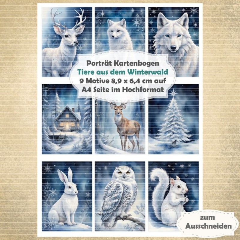 Tiere aus dem Winterwald - Porträt Kartenbogen - A4 Hochformat - 1 Seite mit 9 Motiven Tiere aus dem Winterwald - Porträt Kartenbogen - A4 Hochformat - 1 Seite mit 9 Motiven