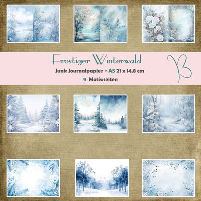 Frostiger Winterwald  - Junk Journal Seiten - A5 quer - 9 Seiten