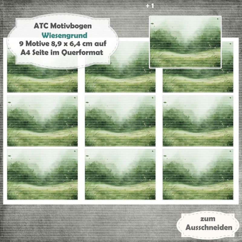 Wiesengrund - ATC Motivbogen - A4 Querformat - 1 Seite mit 9 Motiven Wiesengrund - ATC Motivbogen - A4 Querformat - 1 Seite mit 9 Motiven