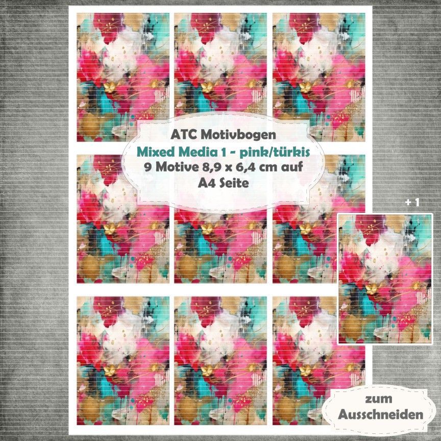 Mixed Media 1 - pink-türkis - ATC Motivbogen - A4 Hochformat - 1 Seite mit 9 Motiven
