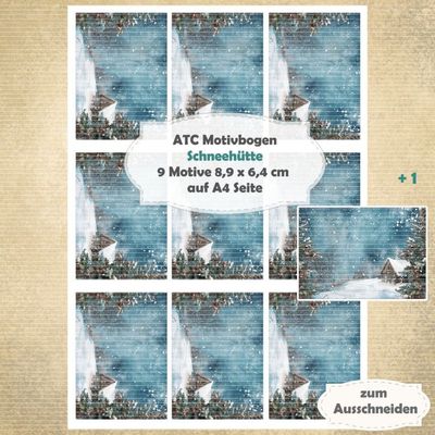 Schneehütte - ATC Motivbogen - A4 Querformat - 1 Seite mit 9 Motiven