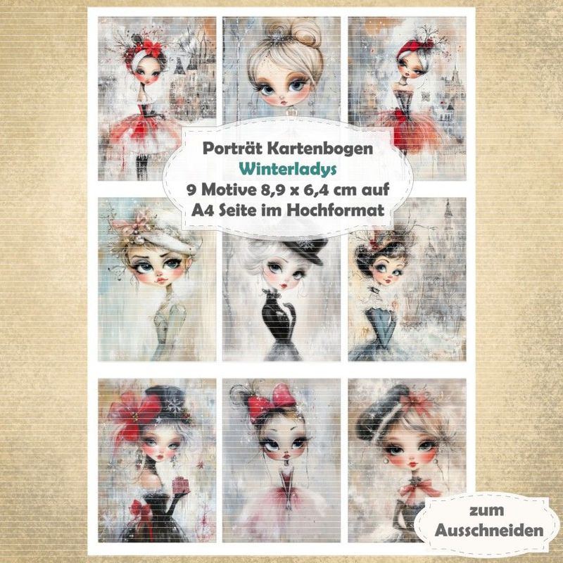 Winterladys - Porträt Kartenbogen - A4 Hochformat - 1 Seite mit 9 Motiven Winterladys - Porträt Kartenbogen - A4 Hochformat - 1 Seite mit 9 Motiven