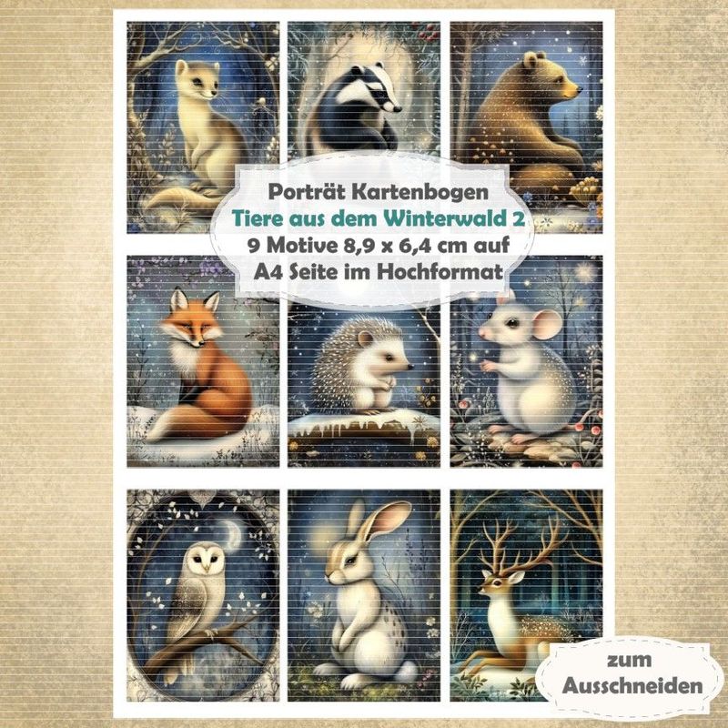 Tiere aus dem Winterwald 2 - Porträt Kartenbogen - A4 Hochformat - 1 Seite mit 9 Motiven