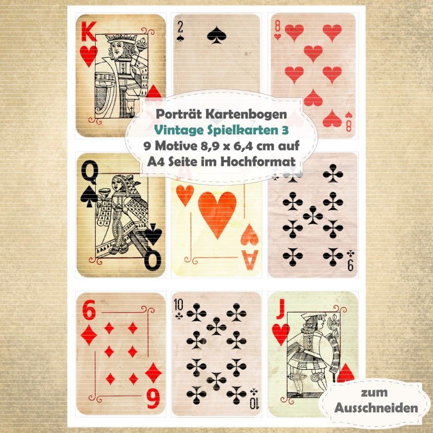 Vintage Spielkarten 3 - Porträt Kartenbogen - A4 Hochformat - 1 Seite mit 9 Motiven