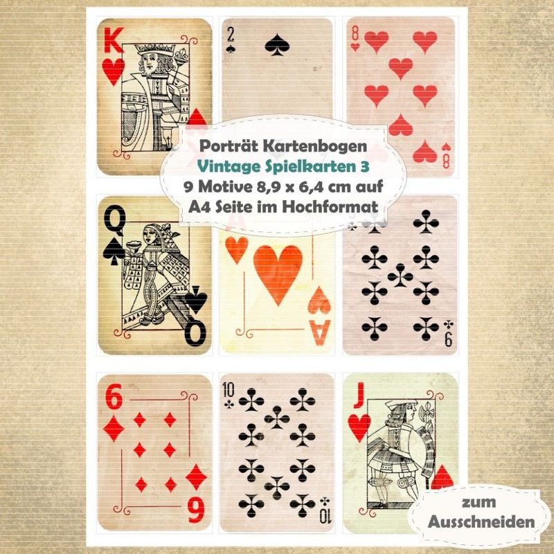 Vintage Spielkarten 3 - Porträt Kartenbogen - A4 Hochformat - 1 Seite mit 9 Motiven
