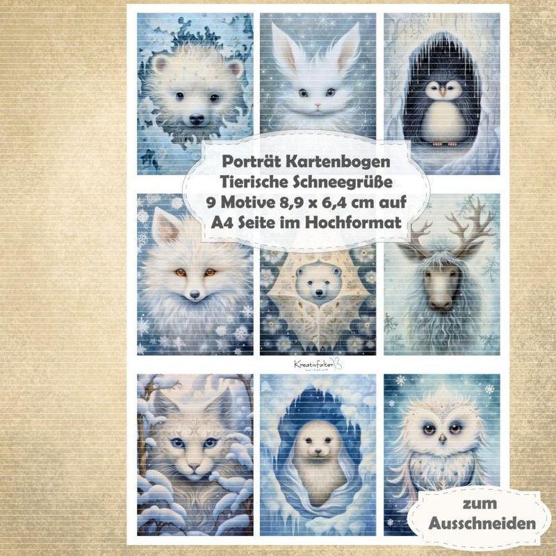 Tierische Schneegrüße - Porträt Kartenbogen - A4 Hochformat - 1 Seite mit 9 Motiven