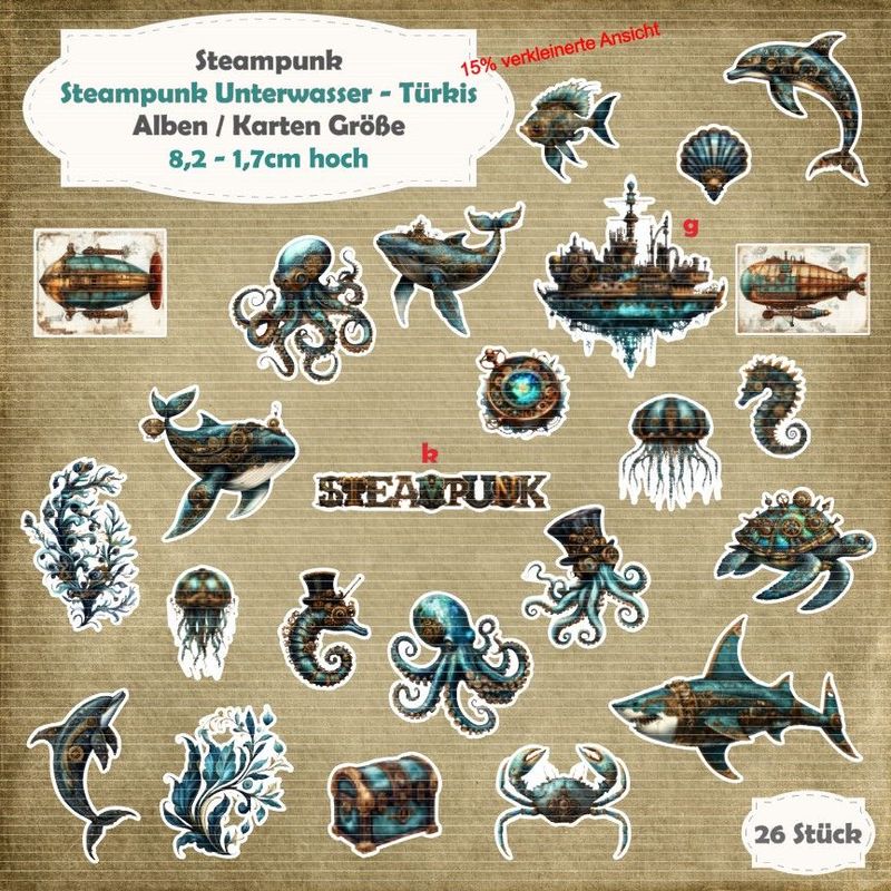 Steampunk Unterwasser - Teal - Alben - Karten / ATC - Größe - 26 Stanzteile - Die Cut