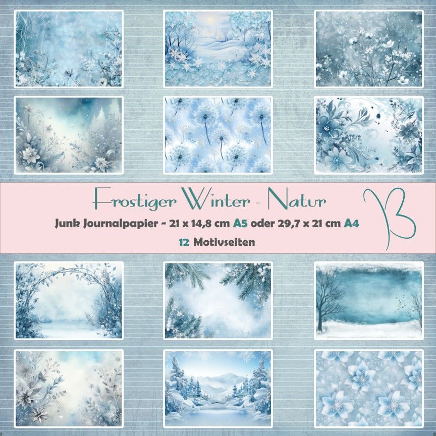 Frostiger Winter  - Natur - Junk Journal Seiten - A4 oder A5 quer - 12 Seiten