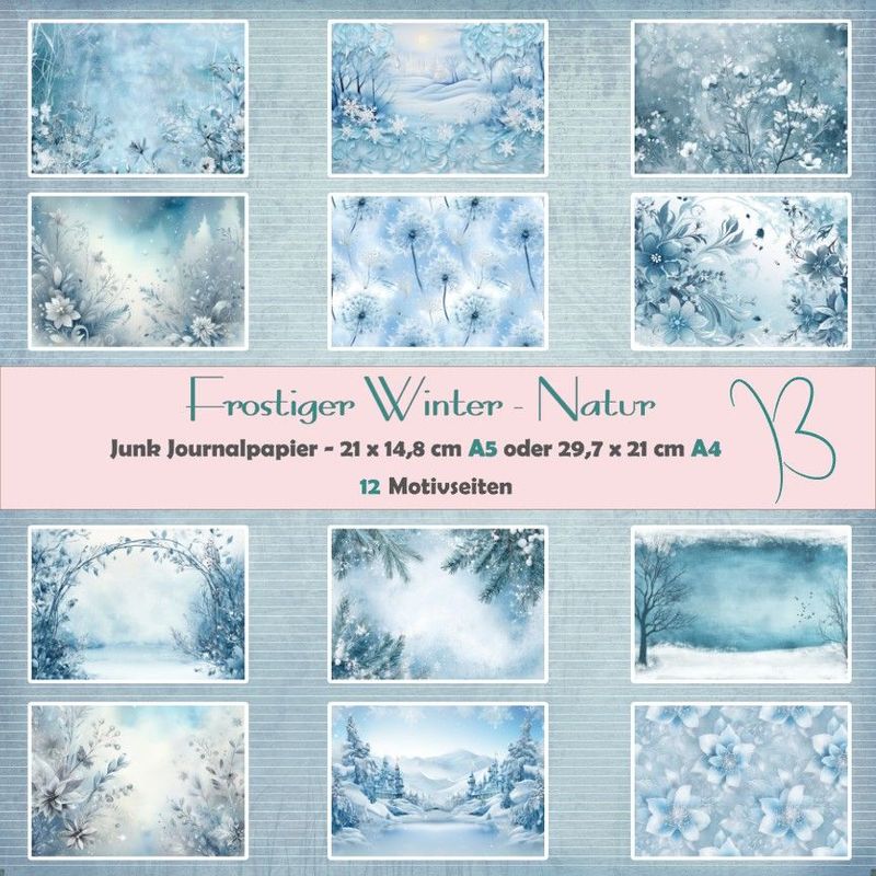 Frostiger Winter  - Natur - Junk Journal Seiten - A4 oder A5 quer - 12 Seiten