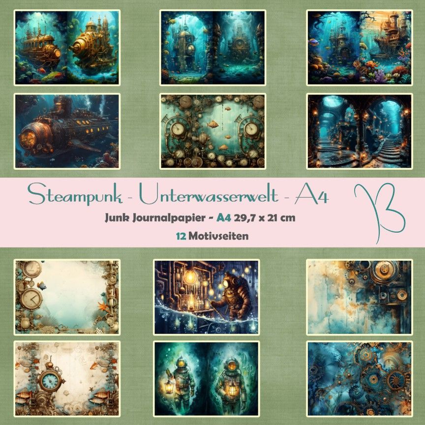 Steampunk - Unterwasserwelt - Junk Journal Seiten - A4 - 12 Seiten